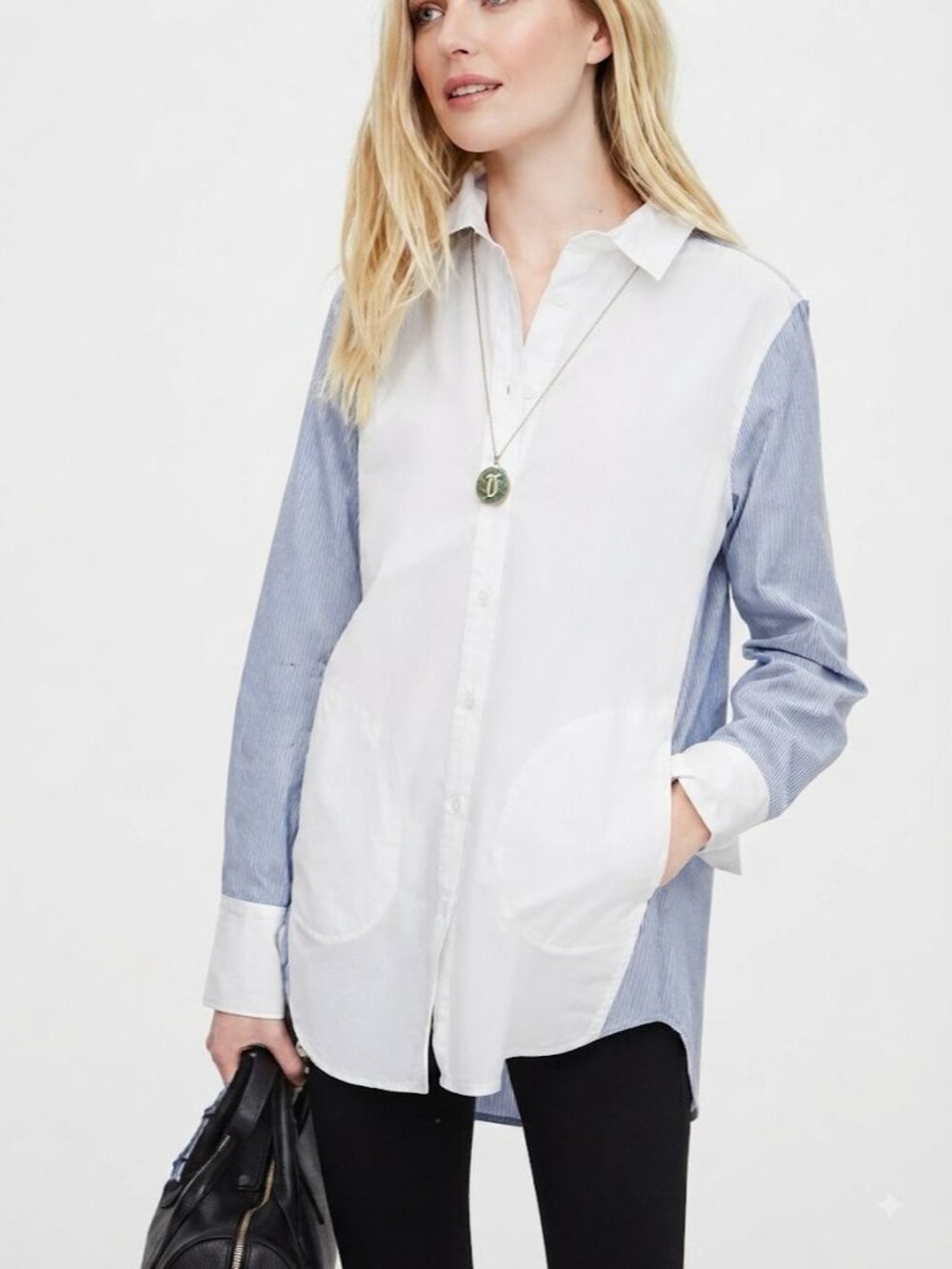 NWT Banana Republic Blue White Pinstripe Mixed Media Boyfriend Shirt Top Size L